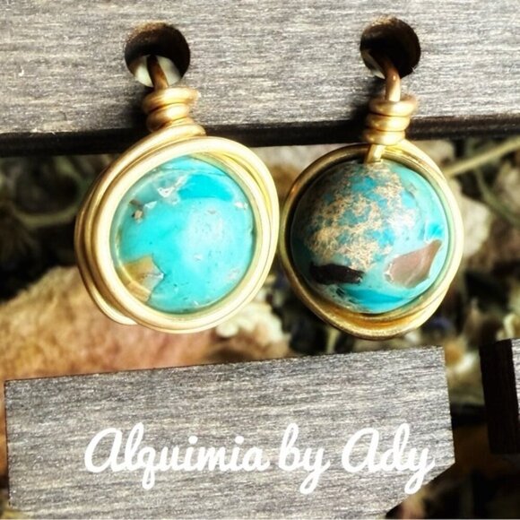 Turquoise and gold  statement stud earrings - Picture 1 of 1